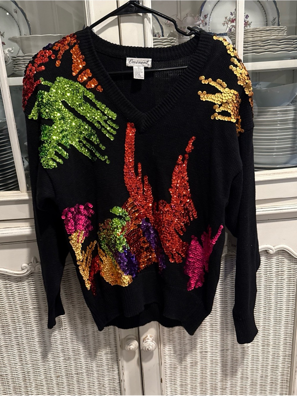 Eminent Sequin Sweater Women Large Black  Shiny Multicolor Sequins Vintage 80’s